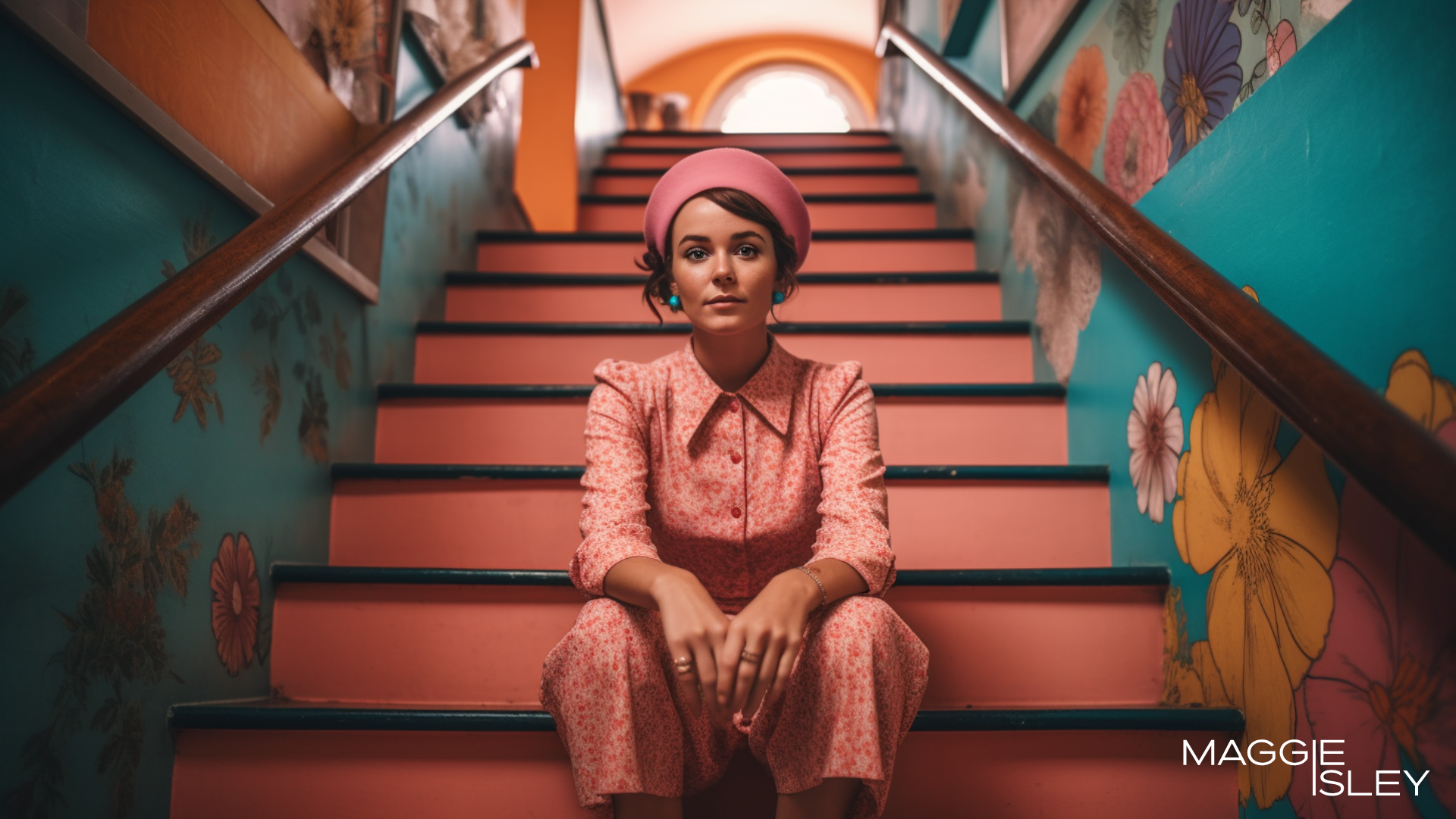 woman sitting on a set of pink stairs